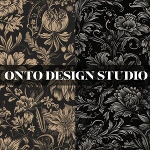 Puede incluir: Imagen de cuatro paneles con patrones florales en negro, beige y gris. Los diseños incluyen ilustraciones botánicas detalladas de flores y follaje. El texto "ONTO DESIGN STUDIO" está superpuesto en blanco.
