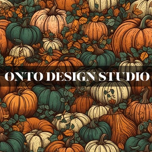 May include: A fall-themed illustration featuring a variety of pumpkins in shades of orange, green, and cream, interspersed with autumn leaves. The text "ONTO DESIGN STUDIO" is displayed across the image. The pumpkins vary in size and shape, creating a rich, textured pattern.