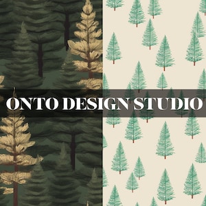 May include: A digitally created image with four patterns. Two show evergreen forests in green and gold hues. The other two feature repeating green Christmas trees on a beige backdrop. The text "ONTO DESIGN STUDIO" is overlaid across the image.