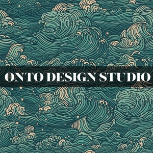 May include: An abstract pattern of ocean waves in shades of teal and cream. The design features stylized, swirling waves with intricate line work. The text "ONTO DESIGN STUDIO" is displayed in white across the image.
