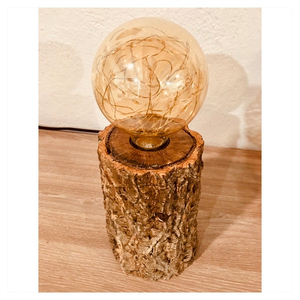 Cork oak lamp (handmade, unique piece) with 1.5W E27 230V LED decorative bulb with switch and mains plug