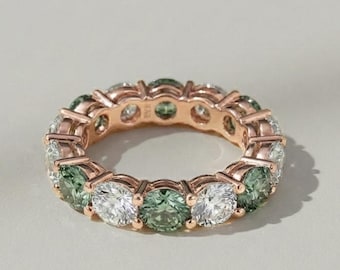 5mm Green White Moissanite Eternity Band Dual Color Rose Gold Ring Fresh Bridal Jewelry Sterling Silver Garden Botanical Sparkle Ring