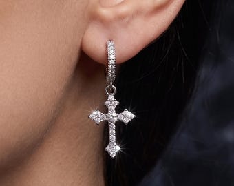 Silver Cross Huggie Hoop Earrings, White Gold Plated Moissanite Iced Out Hip Hop Cross Dangle Earrings for Men, Passes Diamond Tester