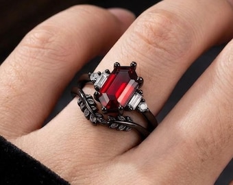 Gothic Coffin Cut Engagement Ring Set, Garnet Red CZ, Curved Leaf Band, Black Rhodium 925 Silver, Alt Bride Vampire Ring, Gift for Her