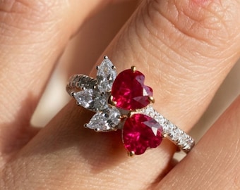 Ruby Red CZ Cluster Ring, S925 Sterling Silver Statement Ring, Marquise Cut Lab Created Diamond Ring, July Birthstone Gift for Her
