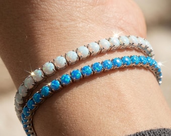 Tennisarmband blauwe opaal, in laboratorium gemaakte opaal, S925 sterlingzilver, 4 mm kroonset, geboortesteen oktober, uniek cadeau voor haar, sierlijk stapelen