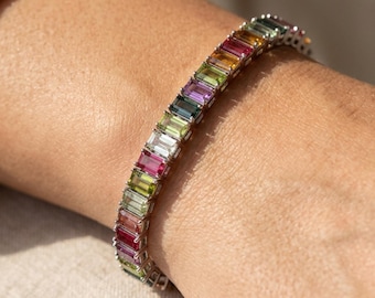 Tennisarmband natuurlijke toermalijn 925 zilver | Regenboog veelkleurige stokbrood edelsteen | 3 x 5 mm | Geboortesteen oktober | Cadeau voor vrouwen