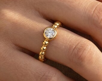 CZ Bezel Ring 925 Sterling Silver 18K Gold Plated | Dainty Cubic Zirconia Stacking Ring | Minimalist Beaded Band Gift for Her