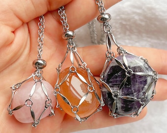 Pendentif en acier inoxydable, pendentif cage à gemmes, oeuf de pâques, support pour pendentif, collier en cristal, pochette en pierre, collier en cristal, support en cristal en acier