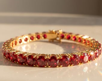 Pigeon Blood Red Moissanite Tennis Bracelet 5mm 18K Gold Plated 925 Sterling Silver Ruby Red Bracelet Gift for Her Birthday Anniversary