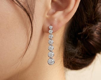 Graduated Moissanite Drop Earrings, 925 Silver White Gold Plated Bezel Journey Dangle, 3.18 CTTW Bubble Cascade Bridal Wedding Gift for Her