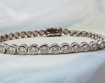 Bezel Moissanite Bracelet CZ Stone Round Cut 18k White Gold Plated Dainty Tennis Bracelet Gift for Her Minimalist Jewelry Sparkly Everyday