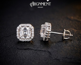 Iced Out Asscher Halo Moissanite Stud Earrings 7.9mm, GRA Certified, Passes Diamond Tester, Screw Back, White Gold Plated Silver, Men Women