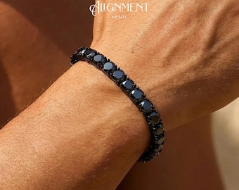 Black Moissanite Tennis Bracelet Sterling Silver Luxury Statement Bracelet Women Elegant Evening Jewelry Anniversary Birthday Gift for Him