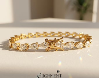 Peergeslepen moissaniet tennisarmband | 925 zilver 18 kt geelgoud verguld | 5 x 8 mm 1 kt VVS-waterdruppel diamantlook | Elegant cadeau voor vrouwen