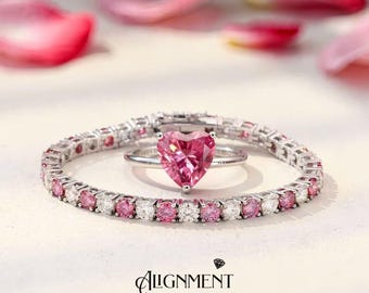 Pink Moissanite Tennis Bracelet Heart Ring Set White Gold Plated Sterling Silver Wedding Bridal Jewelry Valentine Gift Set Anniversary Gift