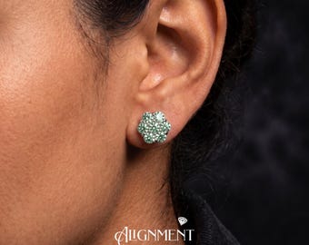 Green Moissanite Iced Out Flower Cluster Stud Earrings, 8.5mm GRA Certified, 925 Silver Screw Back, Passes Diamond Tester, Unique Gift Him
