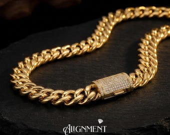 Moissanite Clasp Miami Cuban Link Chain, 8mm Mens Necklace, 18K White or Yellow Gold Plated Steel, Passes Diamond Tester, Gift for Him
