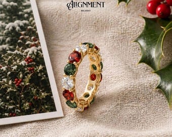 Christmas Ring Red Green White, Colored Moissanite Eternity Band, GRA Certified, 925 Silver 18K Gold, Passes Diamond Tester, Gift for Her