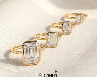 Emerald Cut Moissanite Solitaire Ring, Bezel Set Engagement Ring, D VVS1 GRA Certified, Gold Plated 925 Silver, Gift for Her