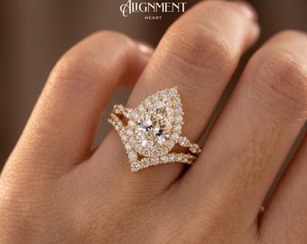 Pear Moissanite Bridal Set, 1.5CT Double Halo Engagement Ring & Curved Band, 18K Gold Plated 925, GRA Certified, Passes Diamond Tester