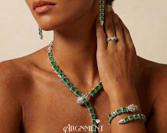 Emerald Snake Jewelry Set 925 Sterling Silver 18K White Gold Plated Serpent Ring Earrings Necklace Bracelet Gothic Luxury Gift for Her