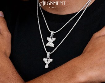 Stacked Moissanite Letter Necklace, Custom Name Pendant for Men, Iced Out Rapper Drip Style, VVS Initial Charm, Layered Hip Hop Jewelry Set