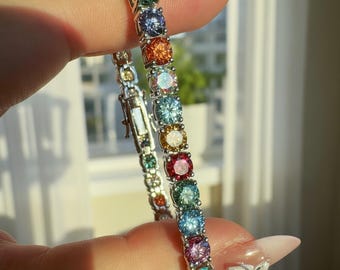 5mm Rainbow Moissanite Bracelet 18k White Gold Plated Colorful Tennis Bracelet Gift for Her Dainty Sparkly Jewelry Elegant Multicolor Style