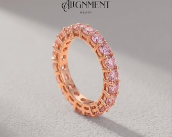3mm Sakura Pink Moissanite Eternity Ring Rose Gold Plated Sterling Silver Blush Dainty Wedding Band Sweet Jewelry Gift for Her Birthstone