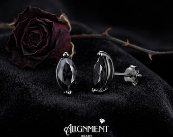 Black Moissanite Marquise Stud Earrings 4x8MM, Gothic Black Rhodium 925 Sterling Silver, GRA Certified, Hypoallergenic Nickel Free Studs