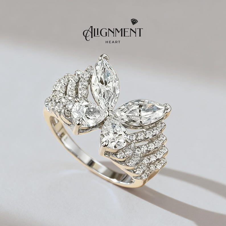 Vlinder Cocktailring Huwelijkscadeau Verjaardag Vrouw Formele Slijtage Kristallen Sieraden Statement Stuk Avondmode Witgoud Pave Design Set afbeelding 6