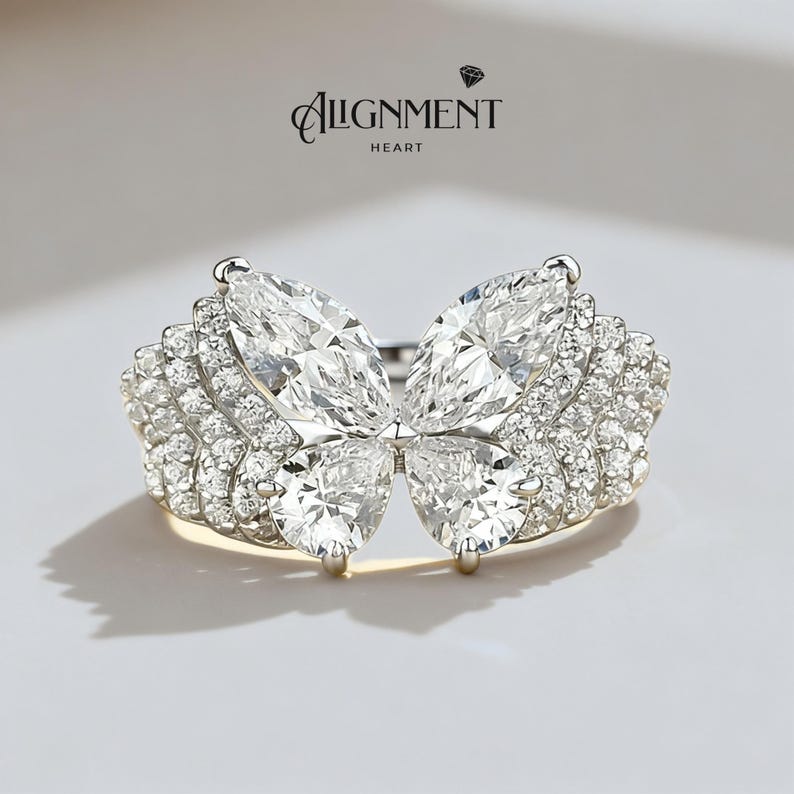 Vlinder Cocktailring Huwelijkscadeau Verjaardag Vrouw Formele Slijtage Kristallen Sieraden Statement Stuk Avondmode Witgoud Pave Design Set afbeelding 5