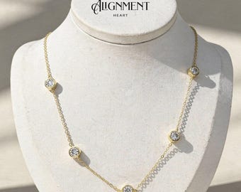 Moissanite Bezel Necklace Sterling Silver 18K Gold Plated Dainty Station Necklace Minimal Diamond Look Gift for Her Luxury Gift
