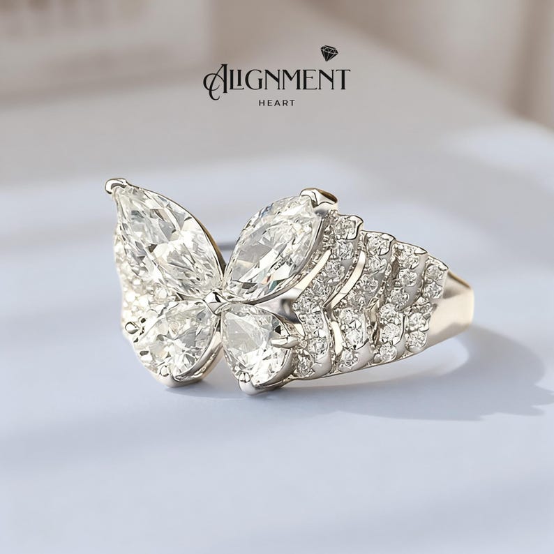 Vlinder Cocktailring Huwelijkscadeau Verjaardag Vrouw Formele Slijtage Kristallen Sieraden Statement Stuk Avondmode Witgoud Pave Design Set afbeelding 3