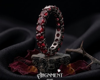 Gothic Red Moissanite Full Eternity Band, Garnet Color Ring, Black Rhodium 925 Silver, GRA Certified, Passes Diamond Tester, Gift for Her