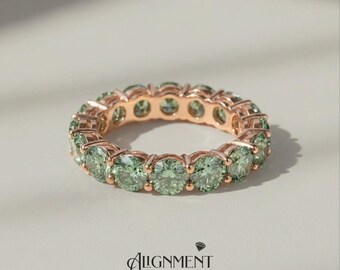 5mm Green Moissanite Eternity Band Nature Inspired Rose Gold Ring Eco Friendly Wedding Jewelry Sterling Silver Forest Green Spring Gemstone