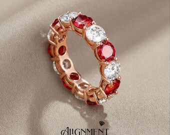 5mm Garnet White Moissanite Eternity Ring Two Tone Rose Gold Band Romantic Anniversary Gift Holiday Gift Ring Romantic Gift Ring For Her