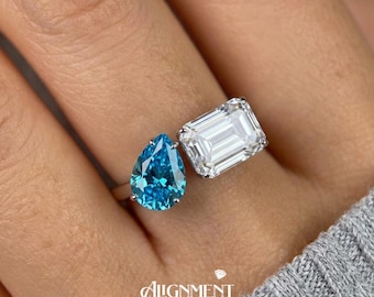 Toi Et Moi Ring, Two Stone Open Band Ring, Pear & Emerald Cut CZ Adjustable Ring, Unique Engagement Ring, Promise Ring Gift for Her