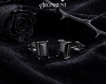 Gothic Black Moissanite Stud Earrings, Emerald Cut 3x5mm, Black Rhodium 925 Silver, GRA Certified, Passes Diamond Tester, Gift for Her Him