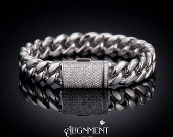 Iced Moissanite Clasp Cuban Link Bracelet, 8mm Mens Miami Cuban, 18K White or Yellow Gold Plated Steel, Passes Diamond Tester, Gift for Him