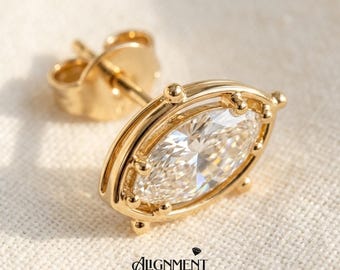 Vintage Marquise Moissanite Stud Earrings, 18K Yellow Gold, 2ctw D VVS1, GRA Certified, Passes Diamond Tester, Bridal Gift for Her