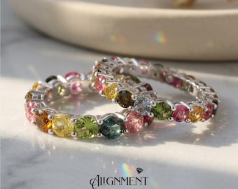 Natuurlijke toermalijn Eternity-ring 925 zilver | Veelkleurige edelsteenband regenboog | Geboortesteen oktober | 3 mm 5 mm | Cadeau voor haar