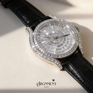 May include: A luxury wristwatch with a silver case and a black leather strap. The watch face is covered in numerous clear, sparkling gemstones. The watch hands are silver. The text "Alignment Heart" is at the bottom of the image.