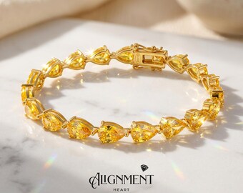 Tennisarmband met gele moissanietpeer | 5 x 8 mm 1 kt kanariediamant-look | 925 sterlingzilver 18 kt verguld | Luxe bruidscadeau voor haar
