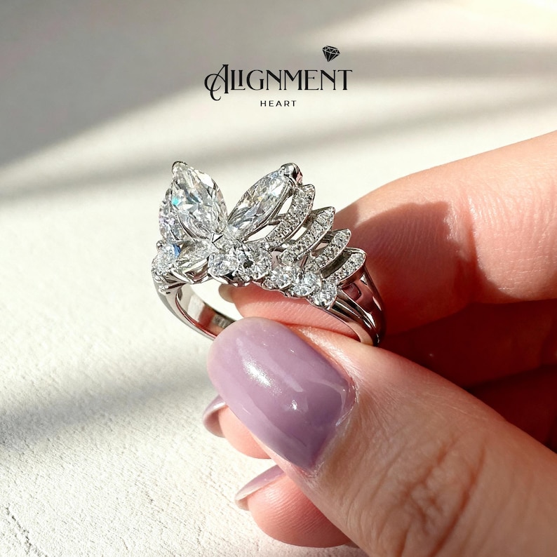 Vlinder Cocktailring Huwelijkscadeau Verjaardag Vrouw Formele Slijtage Kristallen Sieraden Statement Stuk Avondmode Witgoud Pave Design Set afbeelding 2