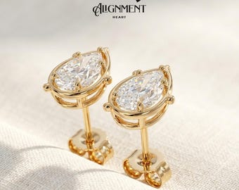 2ct Pear Moissanite Stud Earrings, 5x8mm Yellow Gold Bridal Studs, D VVS1, GRA Certified, Passes Diamond Tester, Anniversary Gift for Her