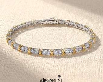 Two Tone Moissanite Tennis Bracelet, Mixed Metal X Link Bracelet, 925 Sterling Silver & Gold Plated, Passes Diamond Tester, Gift for Her
