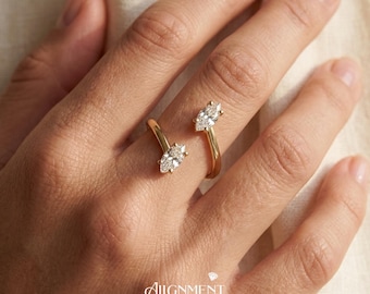 Toi Et Moi Ring, Double Marquise Moissanite 0.8CT Adjustable Open Cuff, Passes Diamond Tester, 18K Gold Plated 925, Promise Ring for Her