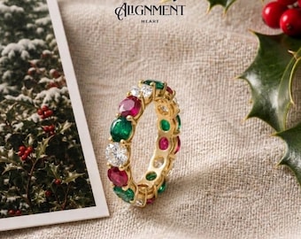 Christmas Colored Eternity Band Ring, Red Green Gold Stackable Ring, Lab Ruby Emerald & White Moissanite, Holiday Gift for Her
