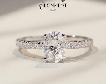 Oval Moissanite Engagement Ring 1 Carat 5x7mm Sterling Silver Pavé Band Minimal Bridal Ring Anniversary Gift for Her Birthday Gift